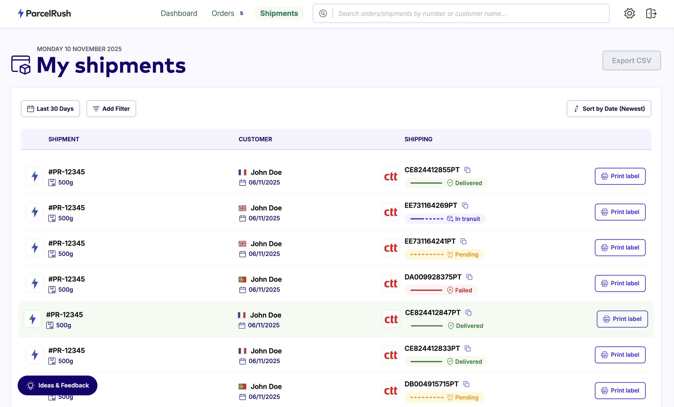 Shipment list in ParcelRush, with carrier, tracking number and delivery status