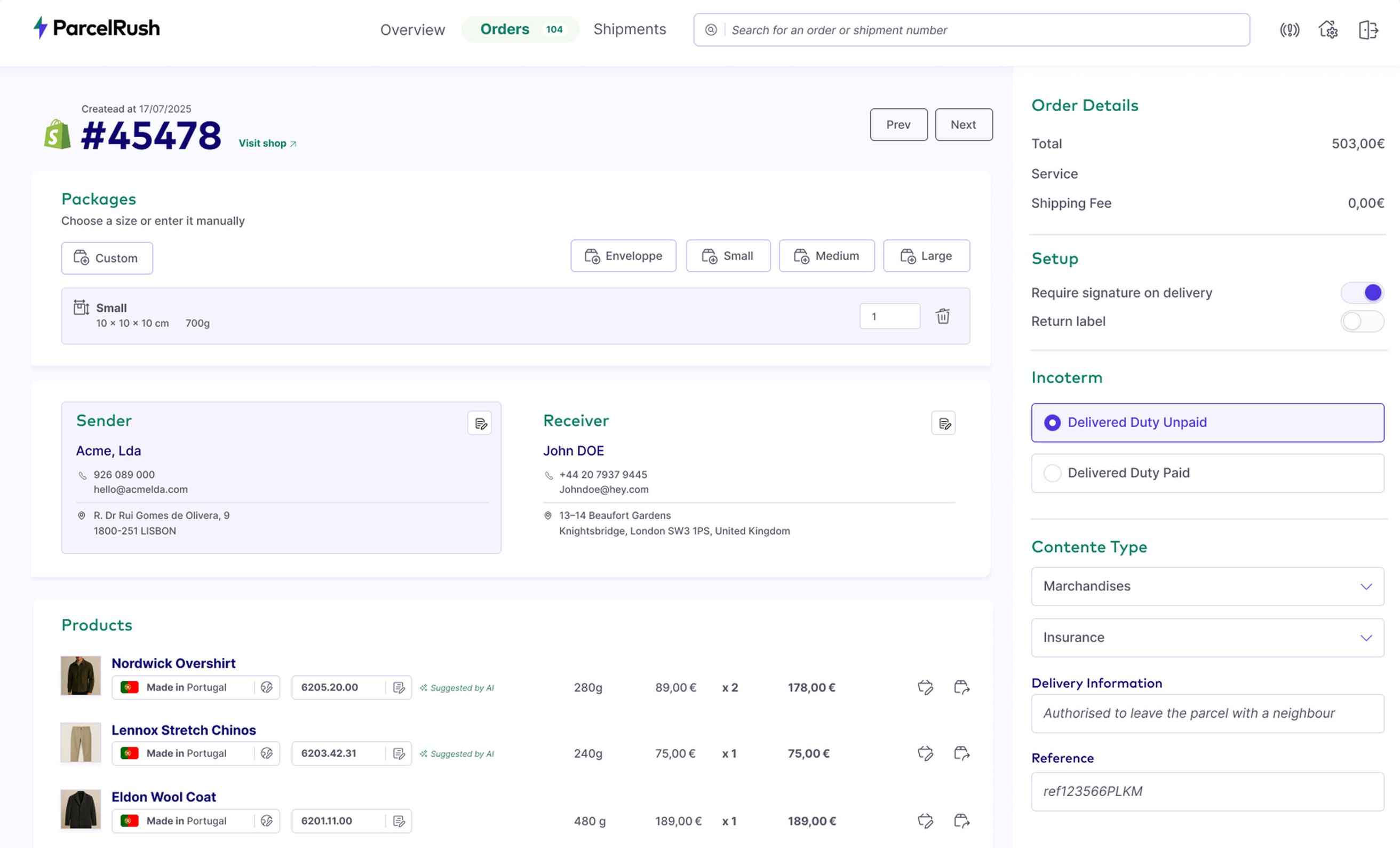 Shopify order detail in ParcelRush, with parcel size, incoterm and carrier rate calculation