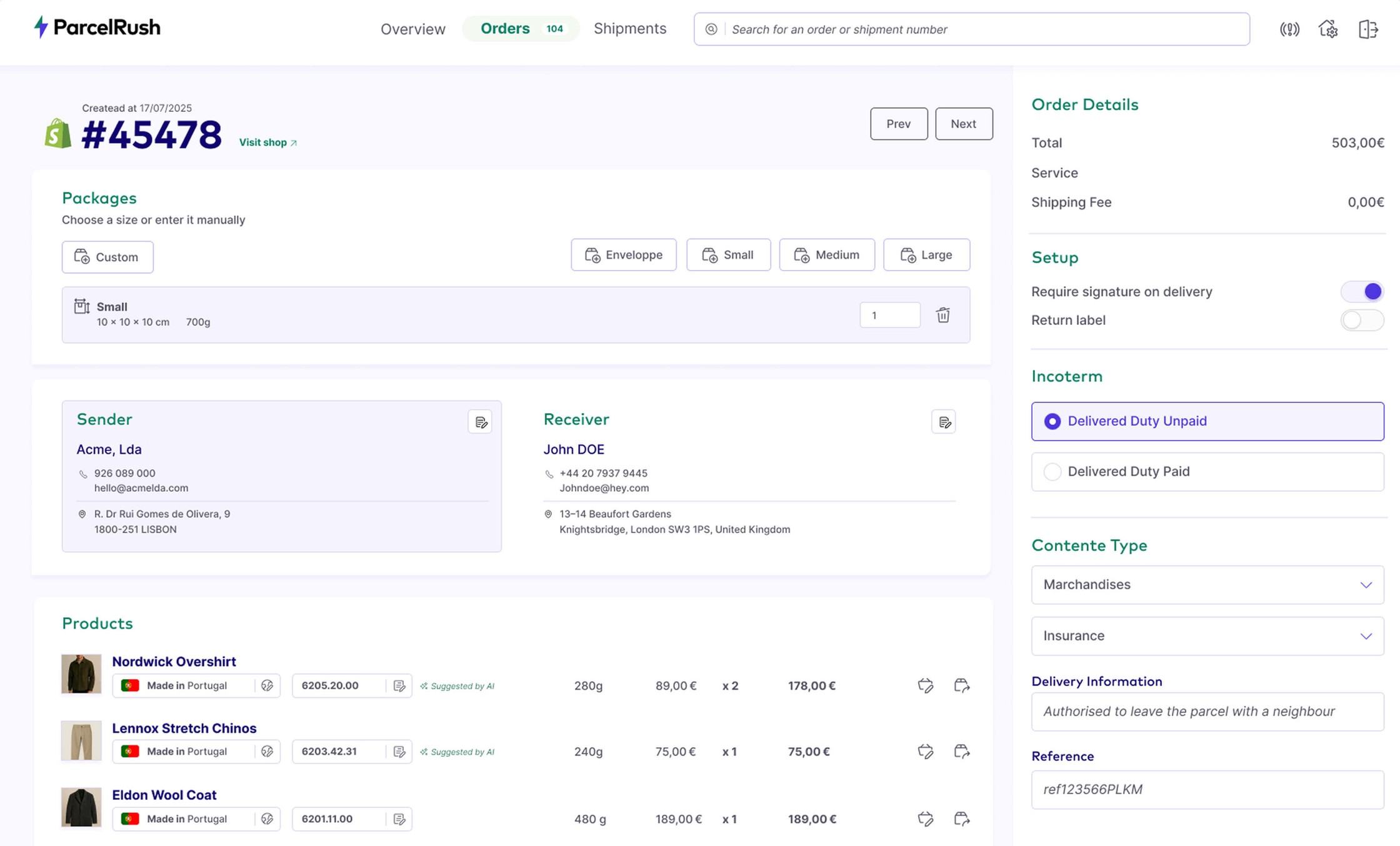 Shopify order detail in ParcelRush, with parcel size, incoterm and carrier rate calculation
