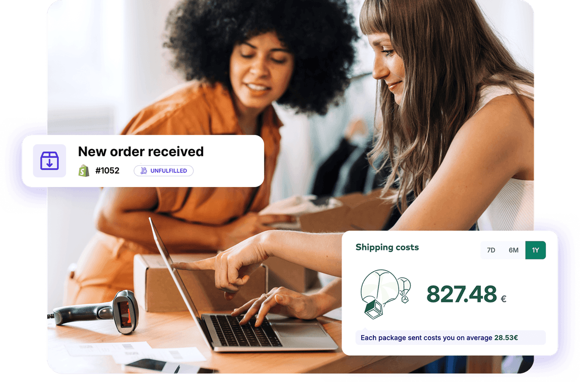 Two people packing orders at a laptop, with a new Shopify order alert and the average cost per shipment shown by ParcelRush