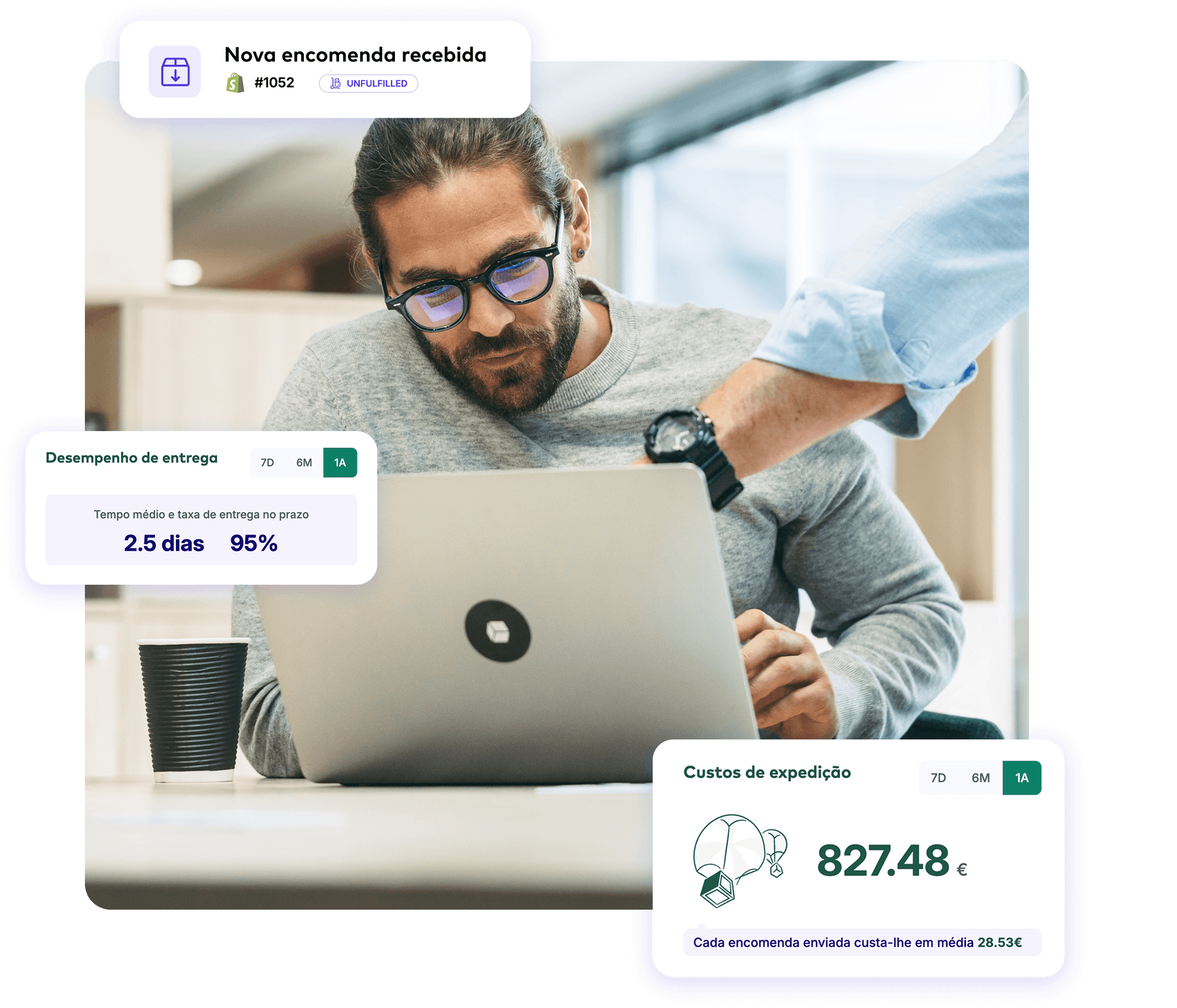Um comerciante acompanha encomendas Shopify e custos de envio no ParcelRush