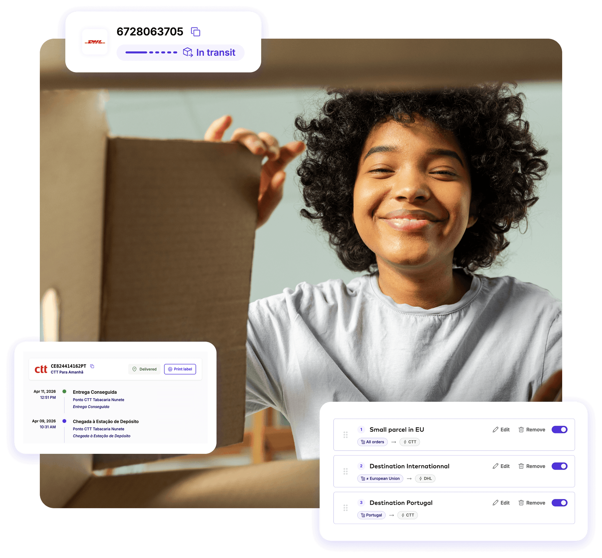A customer opening her parcel, DHL tracking and automation rules in ParcelRush