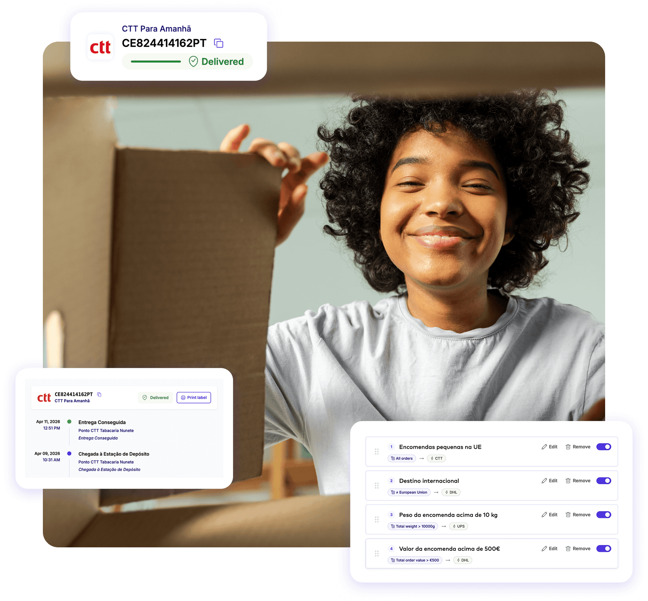 Uma cliente abre a encomenda, rastreio CTT e regras de automação no ParcelRush