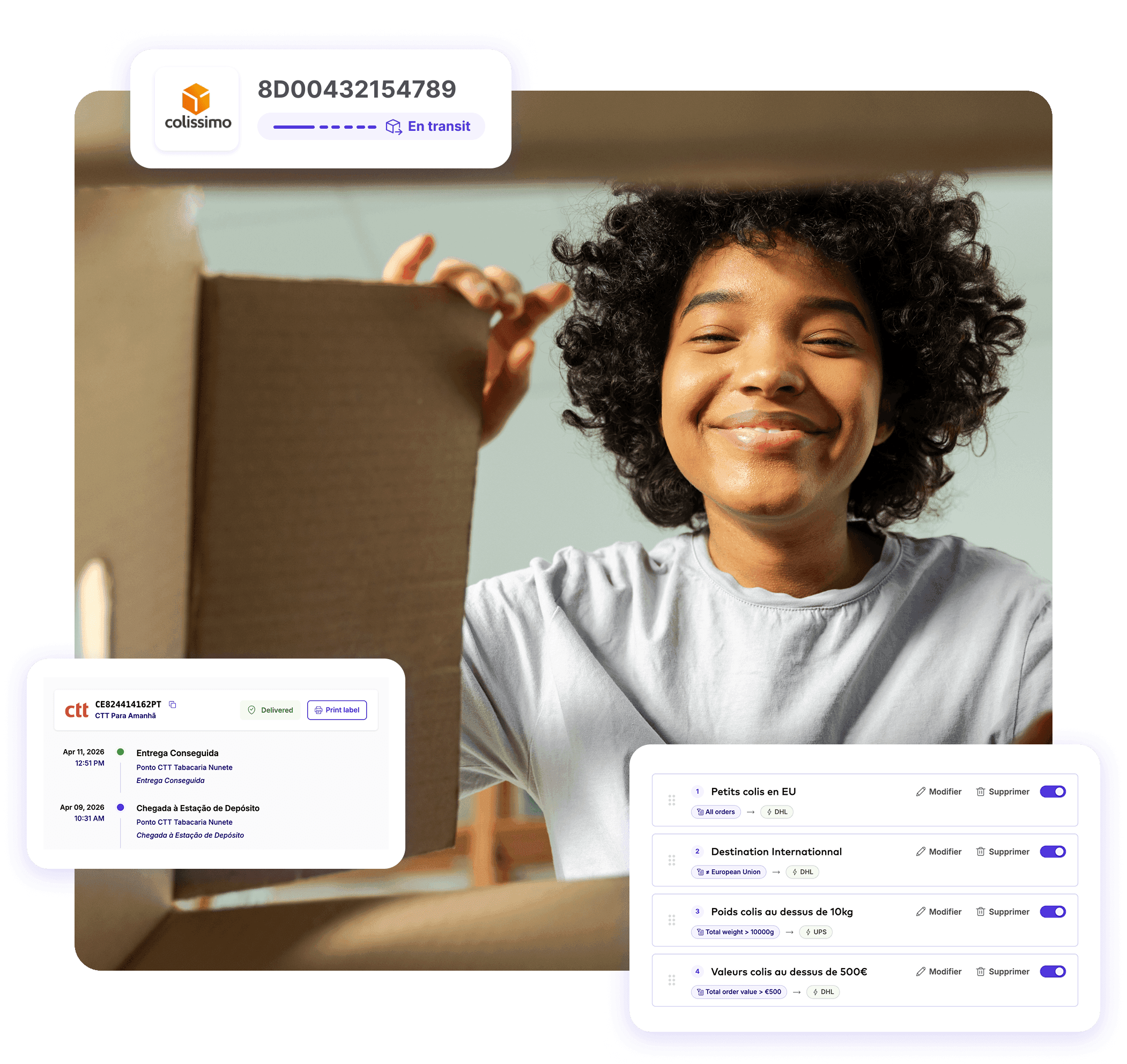 Une cliente ouvre son colis, suivi Colissimo et règles d'automatisation dans ParcelRush