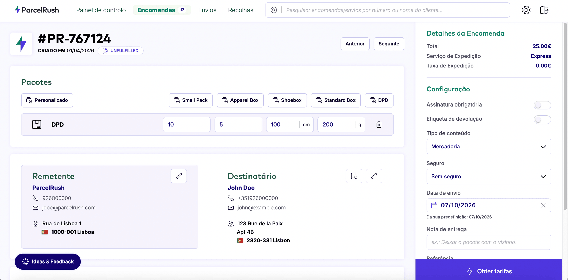 Detalhe de uma encomenda no ParcelRush: volume, remetente, destinatário e opções de envio, antes de obter as tarifas das transportadoras