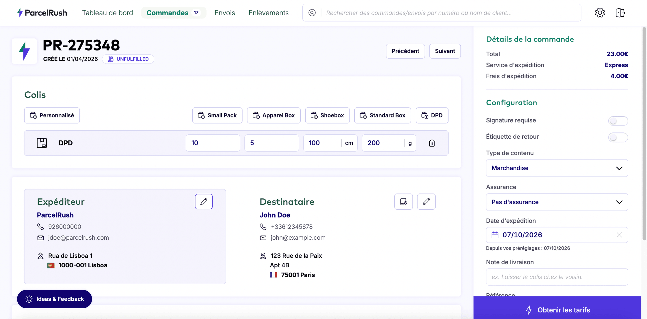 Détail d'une commande dans ParcelRush : colis, expéditeur, destinataire et options d'envoi, avant d'obtenir les tarifs des transporteurs