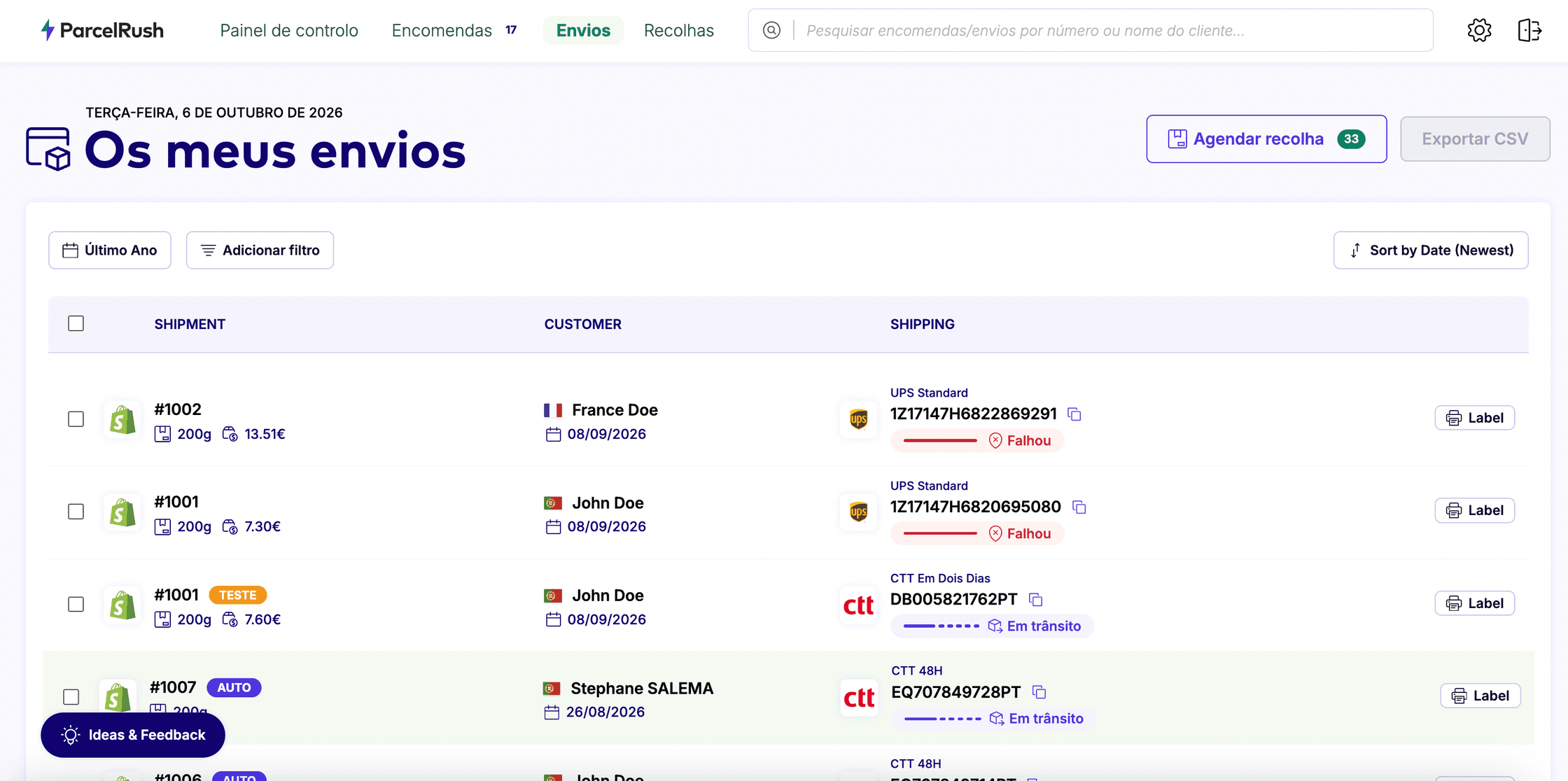 Lista de envios no ParcelRush, com transportadora, número de rastreio e estado de entrega