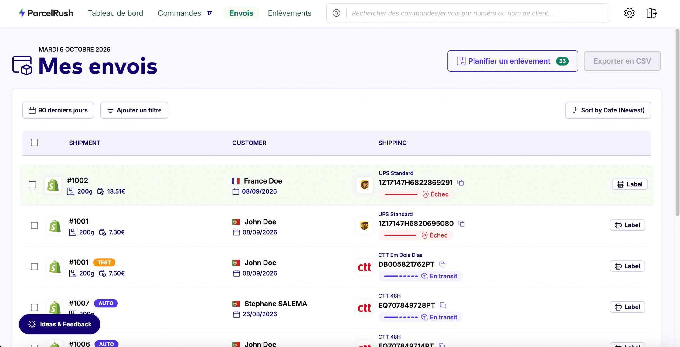 Liste des envois dans ParcelRush, avec transporteur, numéro de suivi et statut de livraison