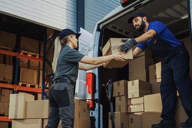 Entrega de uma encomenda num cais de carga, entre o armazém e uma carrinha de distribuição a ser carregada