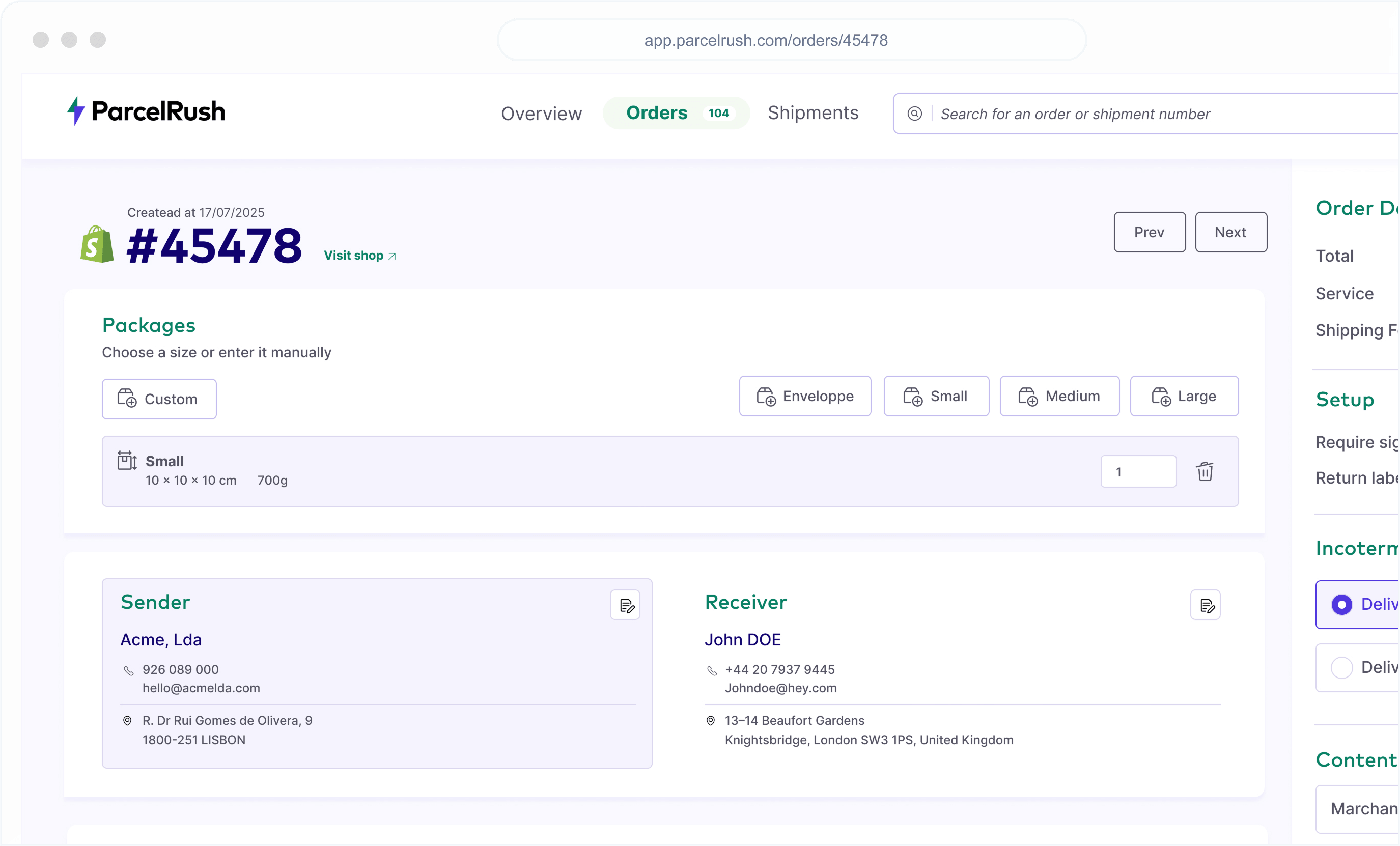 ParcelRush order view with carrier rate comparison