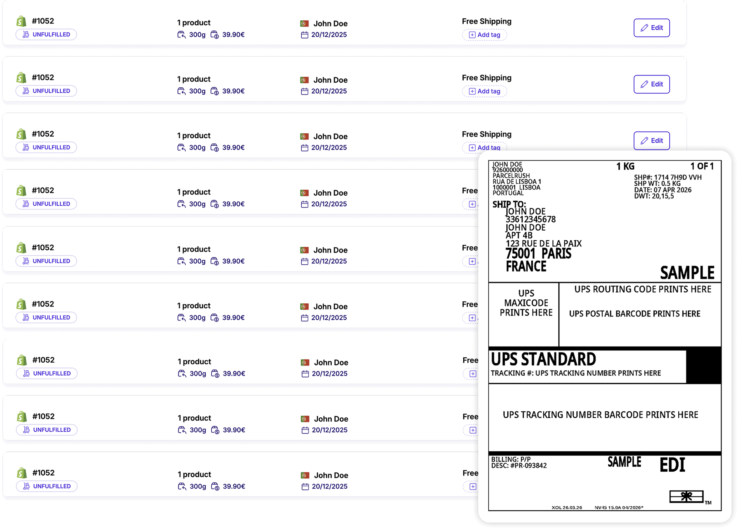 UPS shipping label generated by ParcelRush, scanned on a parcel ready to go