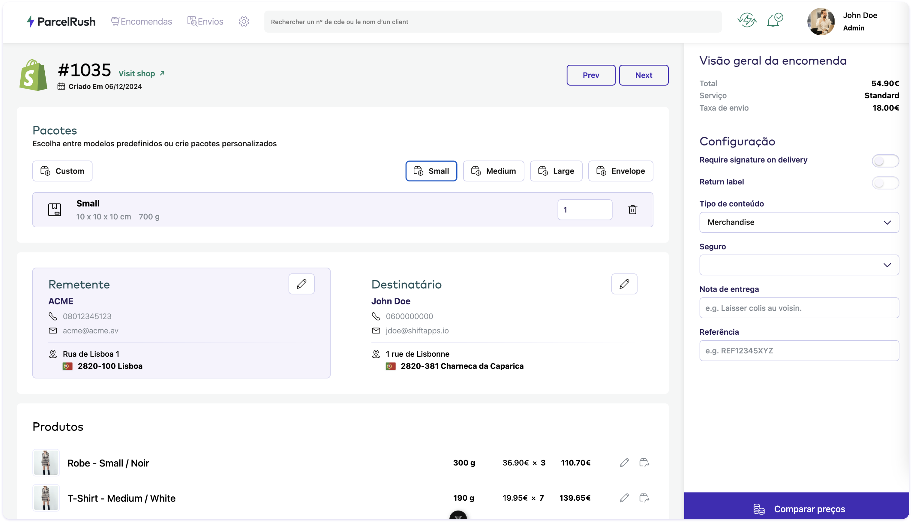Dashboard ParcelRush para gestão de envios centralizada e automatizada
